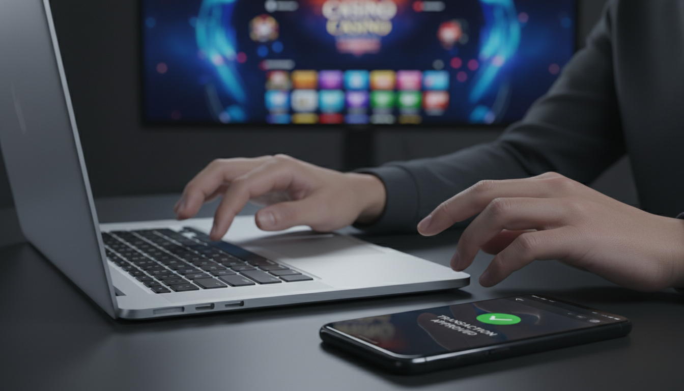 A person using a laptop with a casino website open, holding a smartphone for mobile authorization