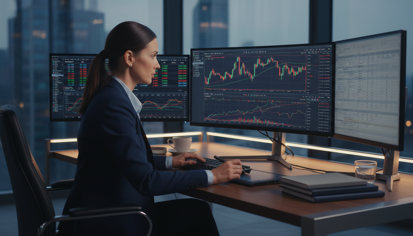 Expert researcher analyzing data on multiple computer monitors