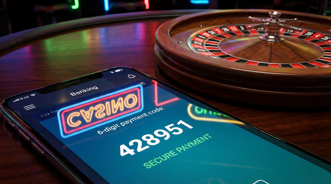 Smartfon z aplikacją bankową na tle ruletki