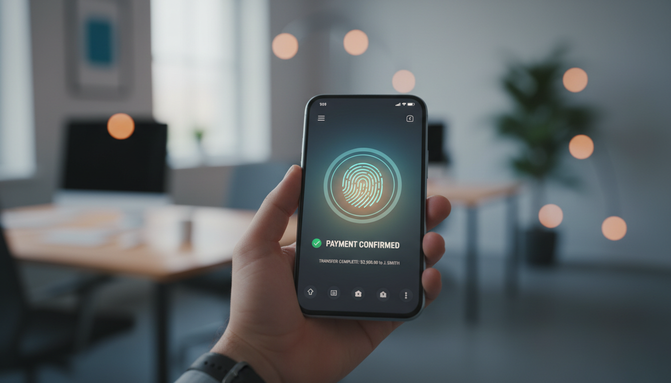 Smartphone user confirming a secure biometric payment for an online casino deposit