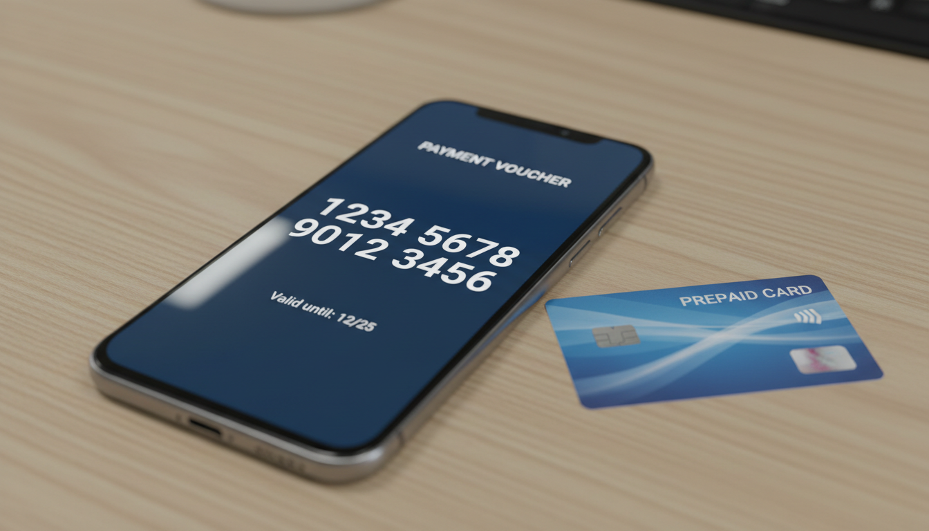 Smartphone displaying a digital voucher code next to a physical prepaid card on a wooden desk