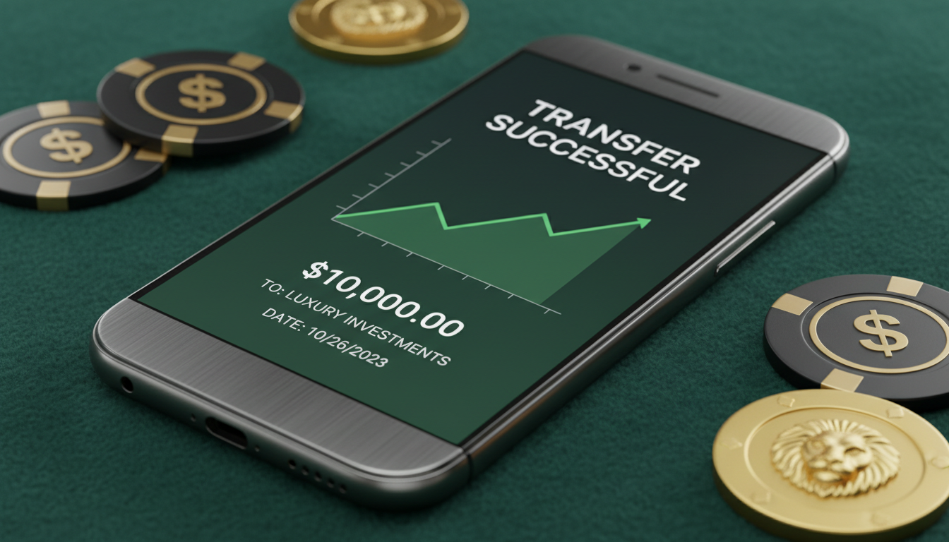 Interfejs aplikacji płatniczej na smartfonie na tle żetonów kasynowych