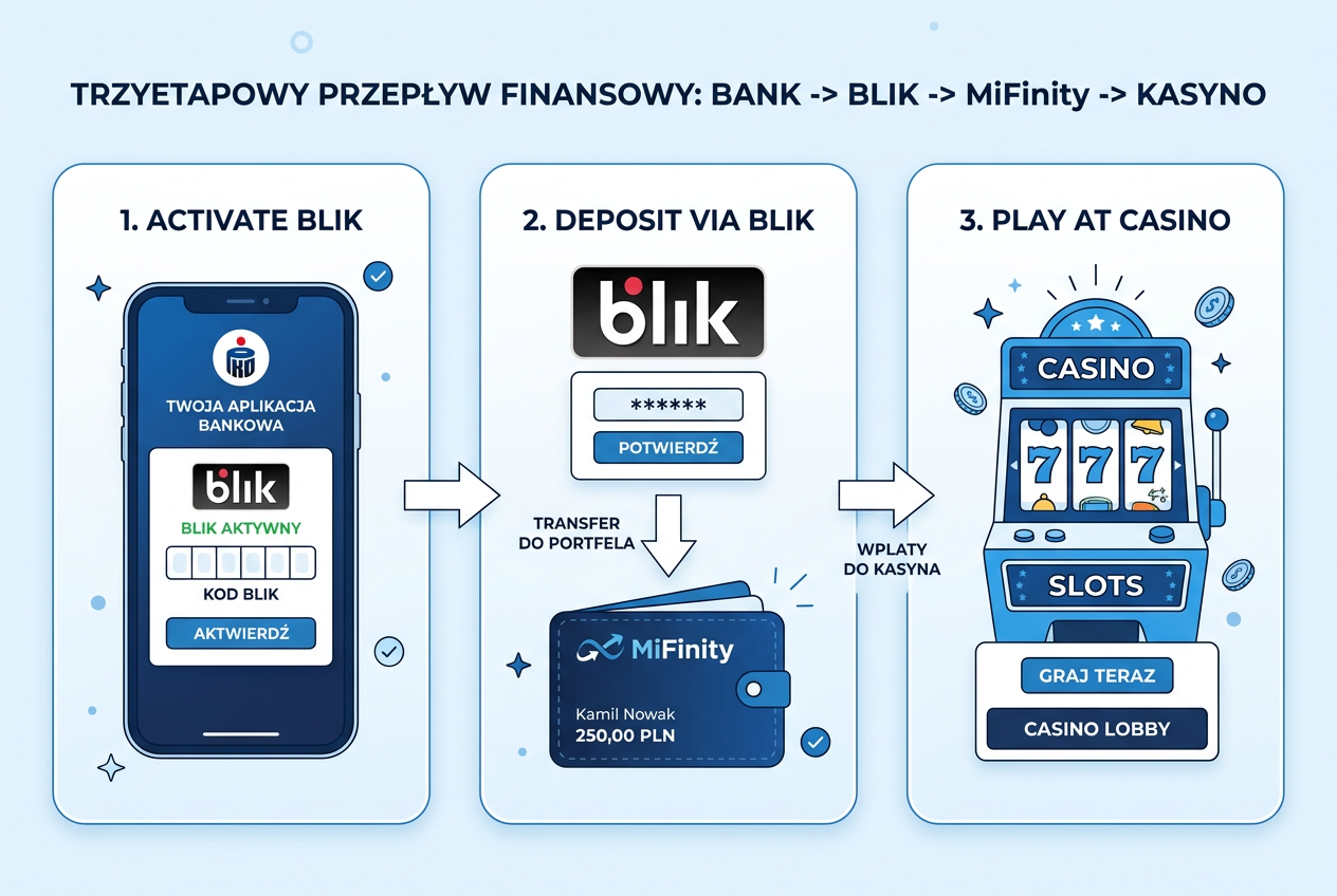 Infografika przedstawiająca przepływ pieniędzy z polskiego konta bankowego przez BLIK do portfela MiFinity i dalej do kasyna